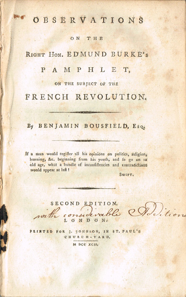 Bousfield, Benjamin. Observations on the Right Hon. Edmund Burke's Pamphlet on the Subject of the French Revolution. at Whyte's Auctions