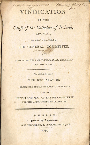 Tone, Theobald Wolfe. Vindication of the Cause of the Catholics of Ireland, at Whyte's Auctions
