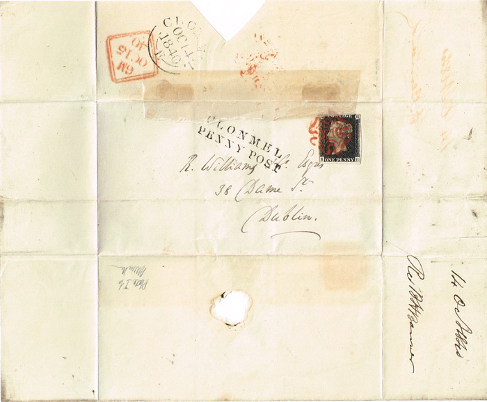 1840 (14 October) Clonmel Penny Post wrapper with Penny Black postage stamp. at Whyte's Auctions