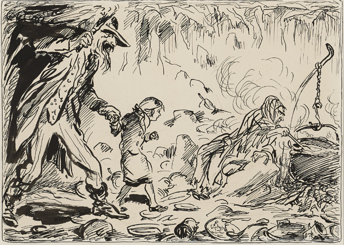 AN OLD WOMAN STIRRED THE CAULDRON WITH A LARGE IRON SPOON, 1934 by Jack Butler Yeats RHA (1871-1957) at Whyte's Auctions