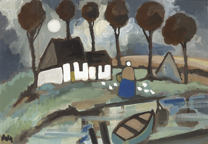 SHAWLIE, COTTAGES AND BOAT BY MOONLIGHT by Markey Robinson (1918-1999) at Whyte's Auctions