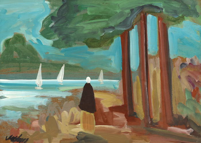 SHAWLIE AND BOATS BY A LAKE by Markey Robinson (1918-1999) at Whyte's Auctions