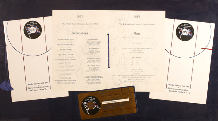1985, the first Brit Awards, signed menu at Whyte's Auctions