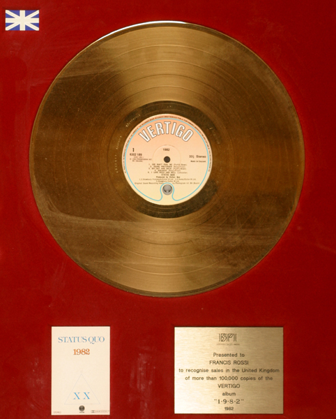 Status Quo. 1982", Gold disc to Francis Rossi" at Whyte's Auctions