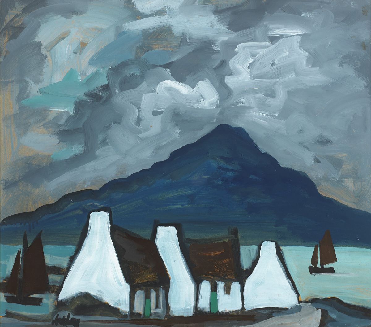 COTTAGES, BOATS AND MOUNTAIN IN THE DISTANCE by Markey Robinson (1918-1999) at Whyte's Auctions