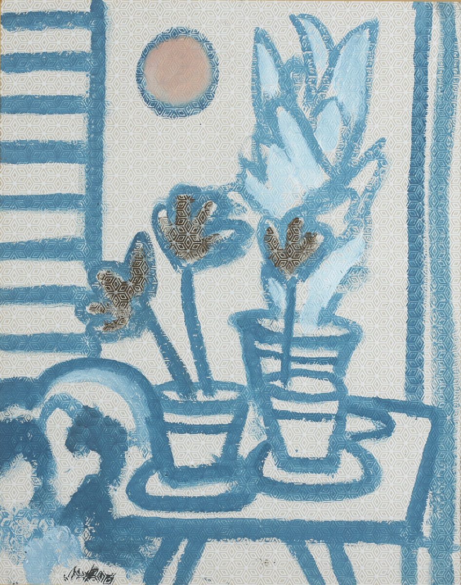 BLUE STILL LIFE (POT PLANTS ON A TABLE BEFORE AN OPEN WINDOW) by Markey Robinson (1918-1999) at Whyte's Auctions