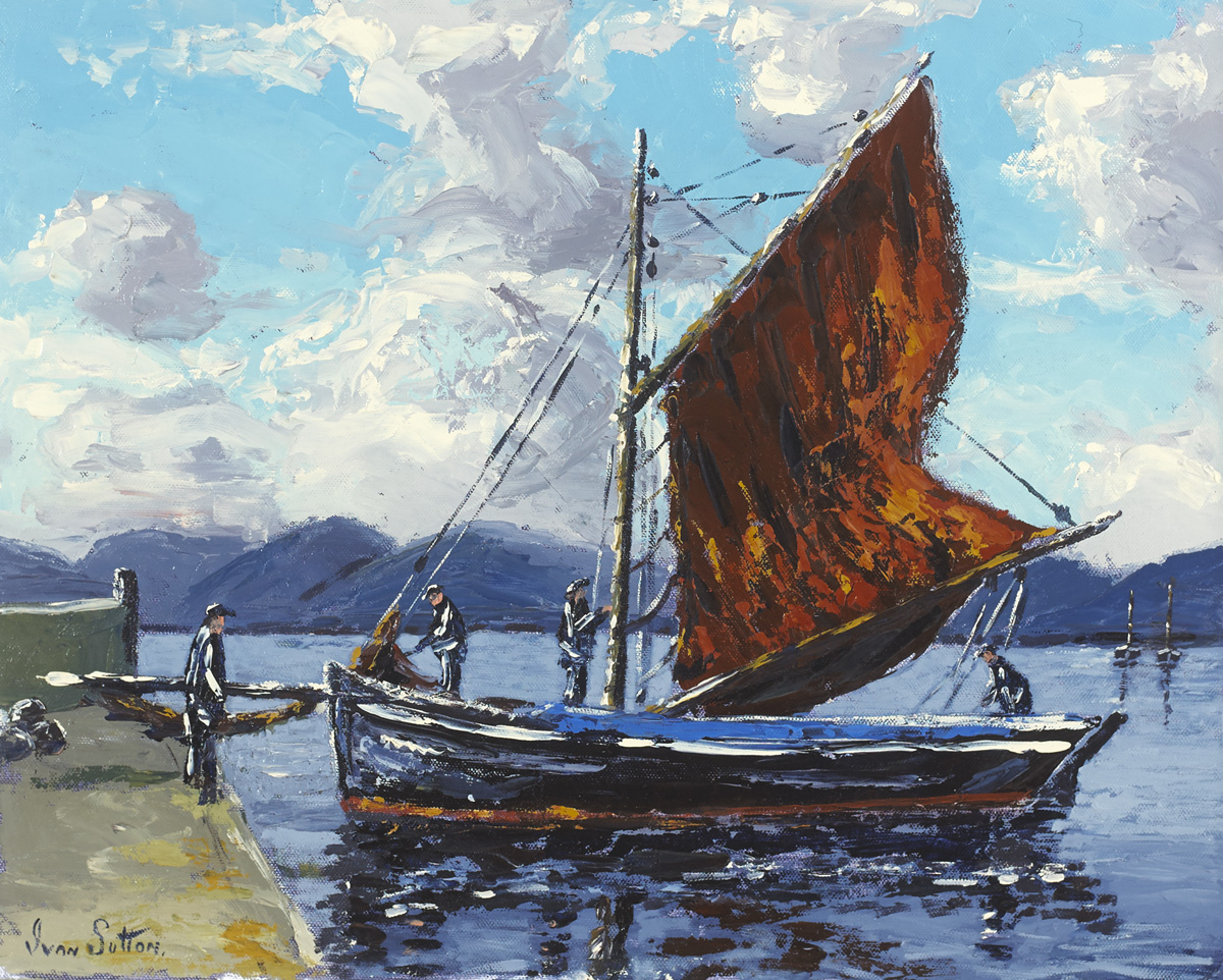 GALWAY HOOKER BERTHING AT CARRAROE PIER, COUNTY GALWAY by Ivan Sutton sold for 1,250 at Whyte's Auctions