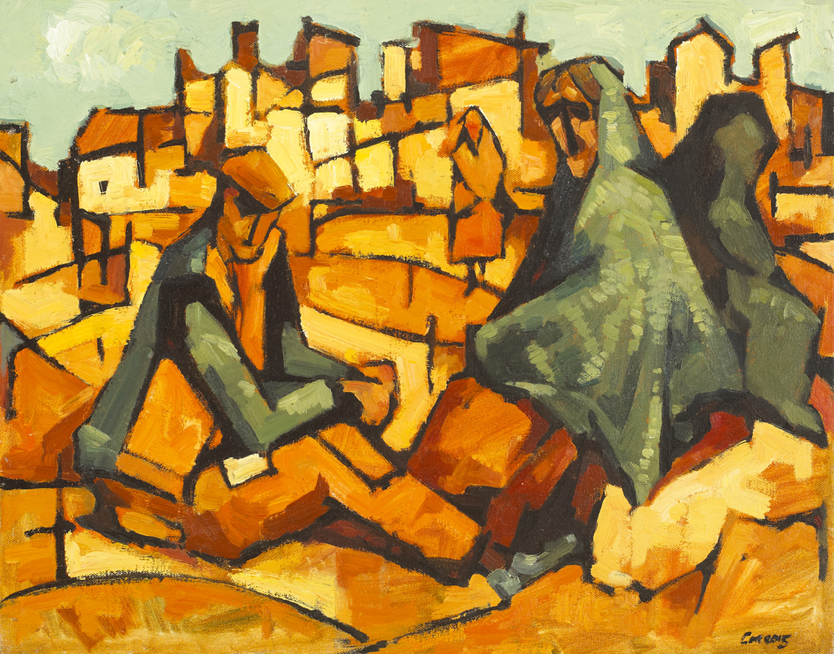 ELDERLY COUPLE AT VILLAGE EDGE by Desmond Carrick RHA (1928-2012) at Whyte's Auctions