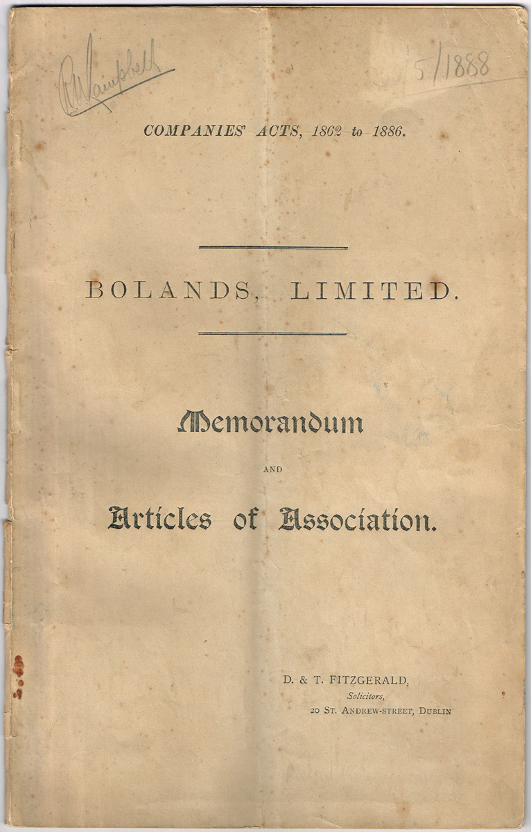 1888 (May 30) Bolands Limited, Memorandum and Articles of Association. at Whyte's Auctions