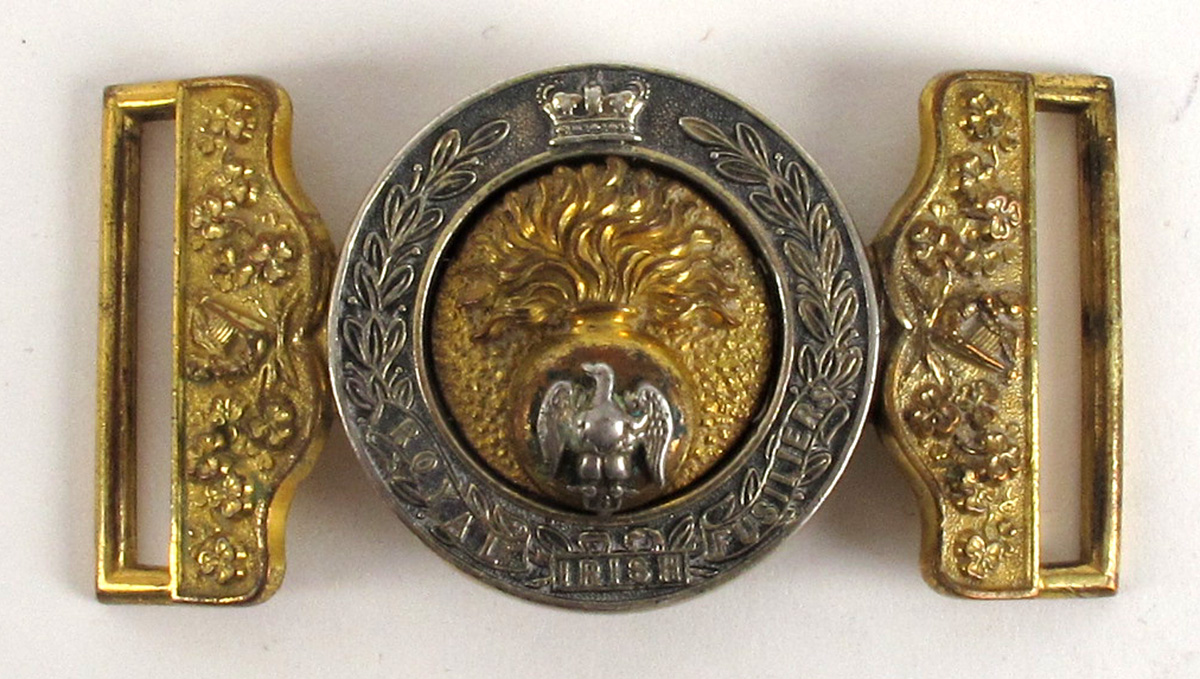 Early 20th century Royal Irish Fusiliers white metal and gilt officer's belt buckle at Whyte's Auctions