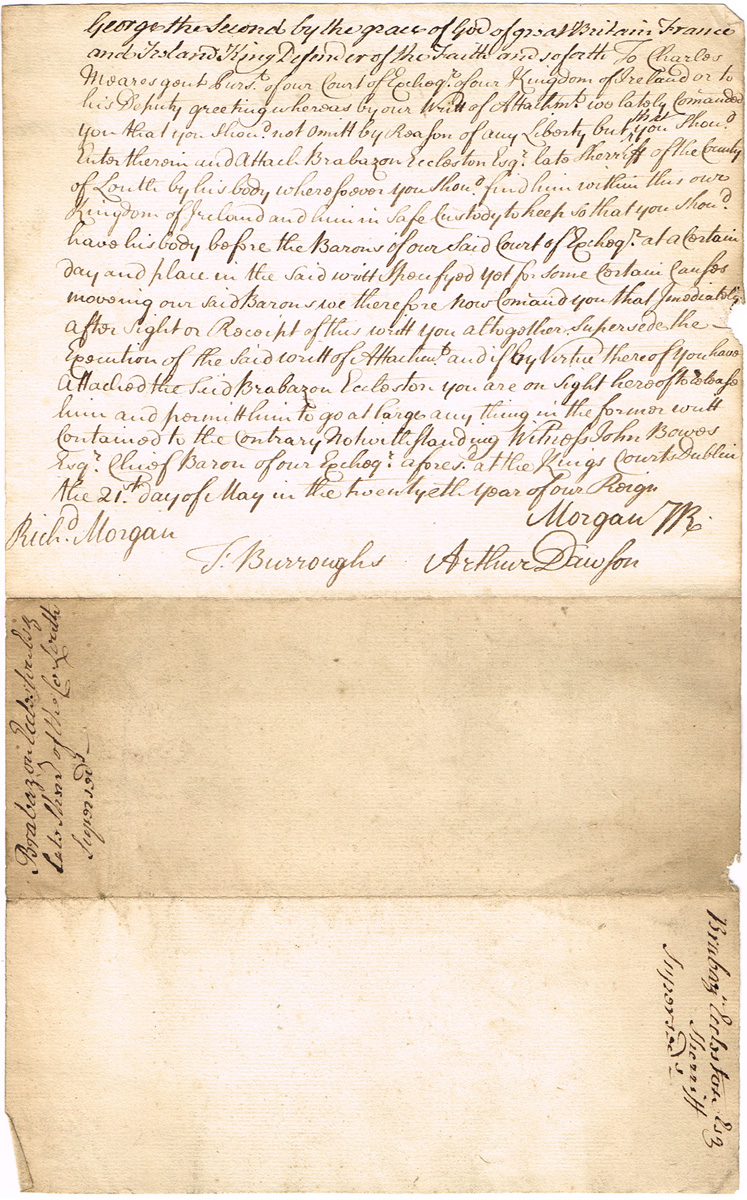 1747 Louth. Warrant for the arrest of Brabazon Eccleston, late Sheriff of County Louth. at Whyte's Auctions