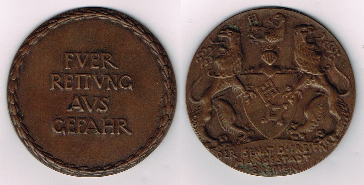 Karl Spindler, captain of the Aud. German medal for Life-saving awarded to him in 1908. at Whyte's Auctions