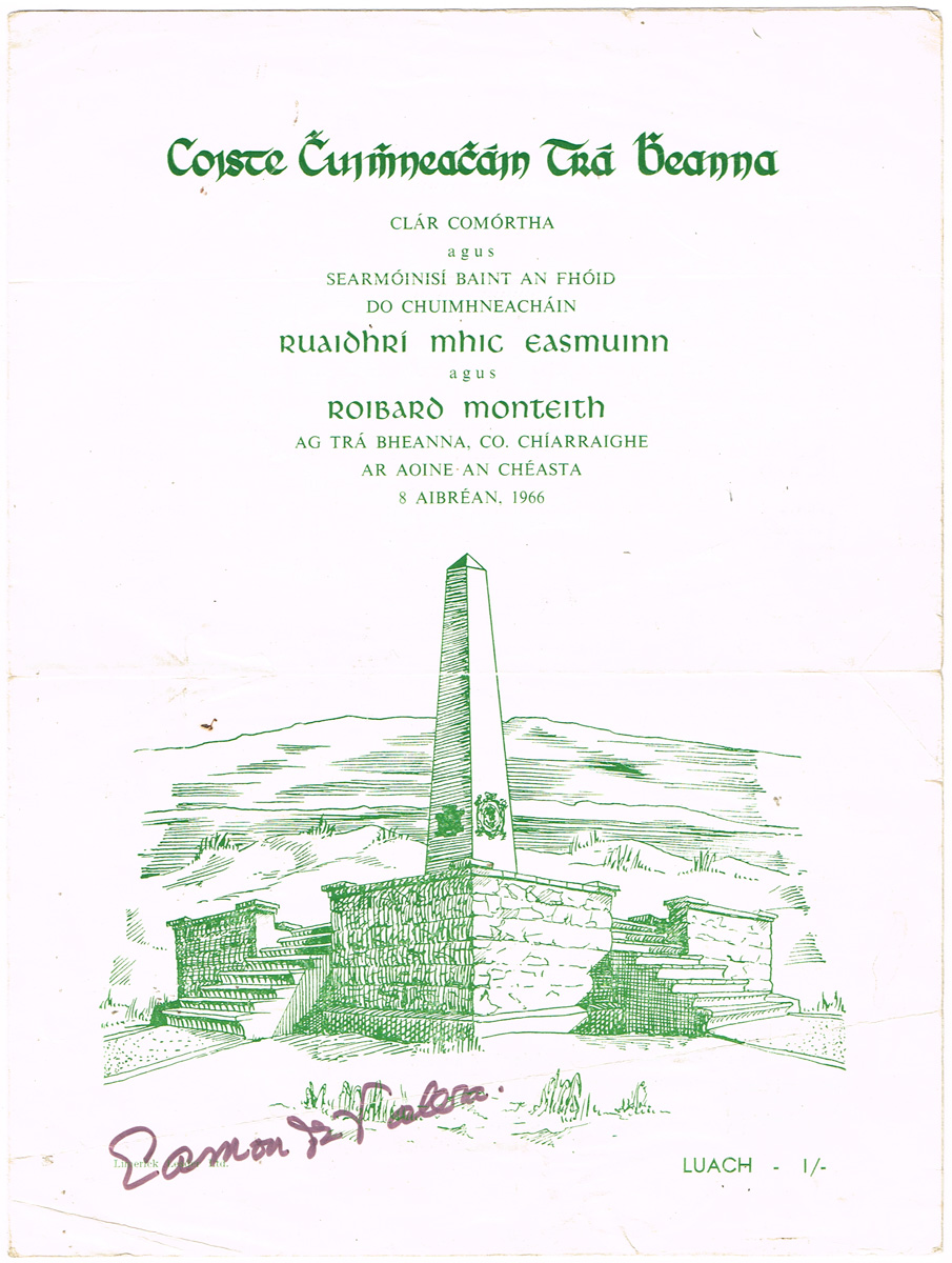 1966 (8 April) Commemoration of the landing of Roger Casement at Banna Strand in 1916. Programme signed by President de Valera. at Whyte's Auctions