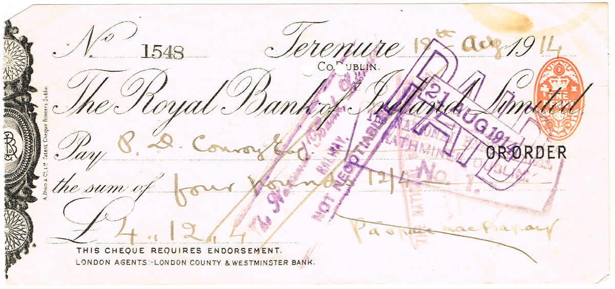 Padraig Pearse signed cheque, 18 August 1914. at Whyte's Auctions