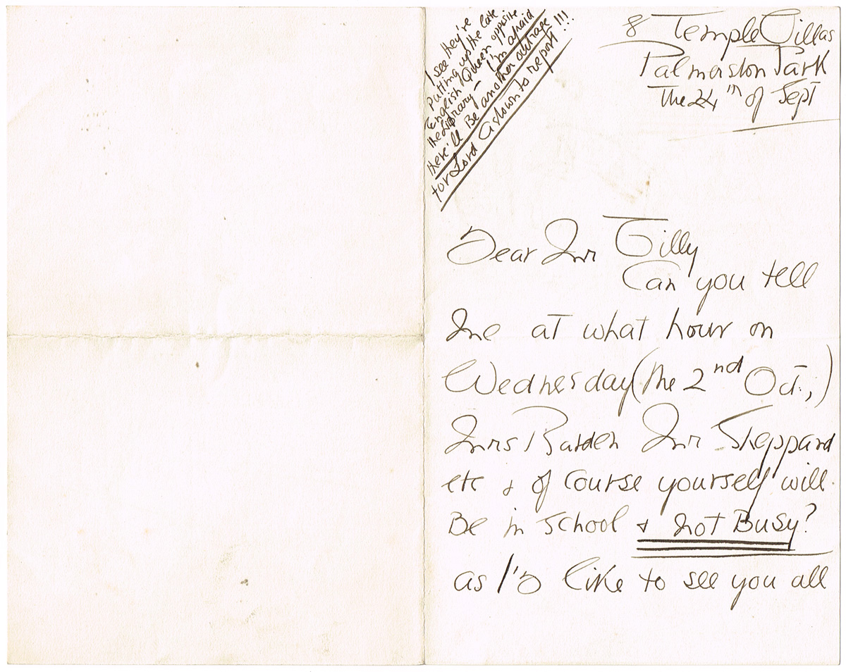 Grace Gifford (1888-1905) letter to B. I . Tilly, 24 September 1907. at Whyte's Auctions