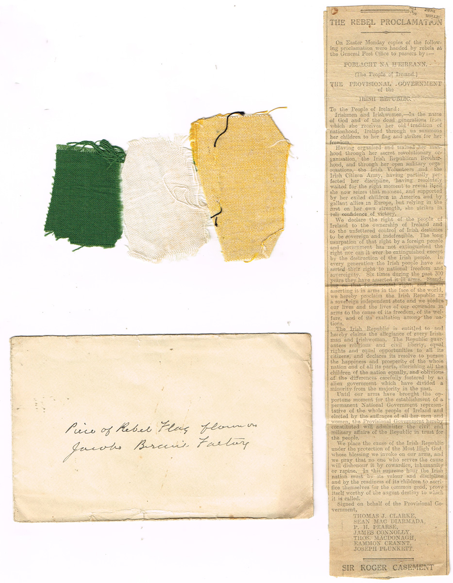1916. Fragments of a flag captured from Jacobs Biscuit Factory garrison. at Whyte's Auctions