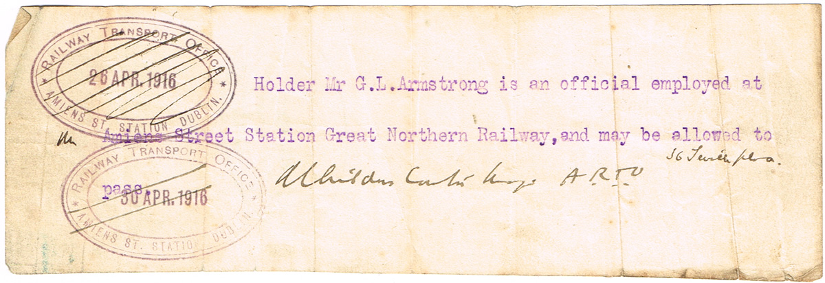 1916 (26 April) Travel Pass issued at Railway Transport Office, Amiens Street. at Whyte's Auctions