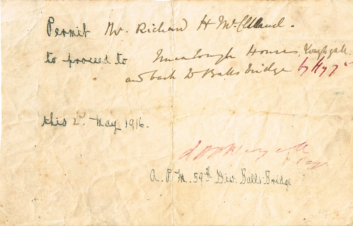 1916 (2 May) Travel Pass issued at Ballsbridge. at Whyte's Auctions