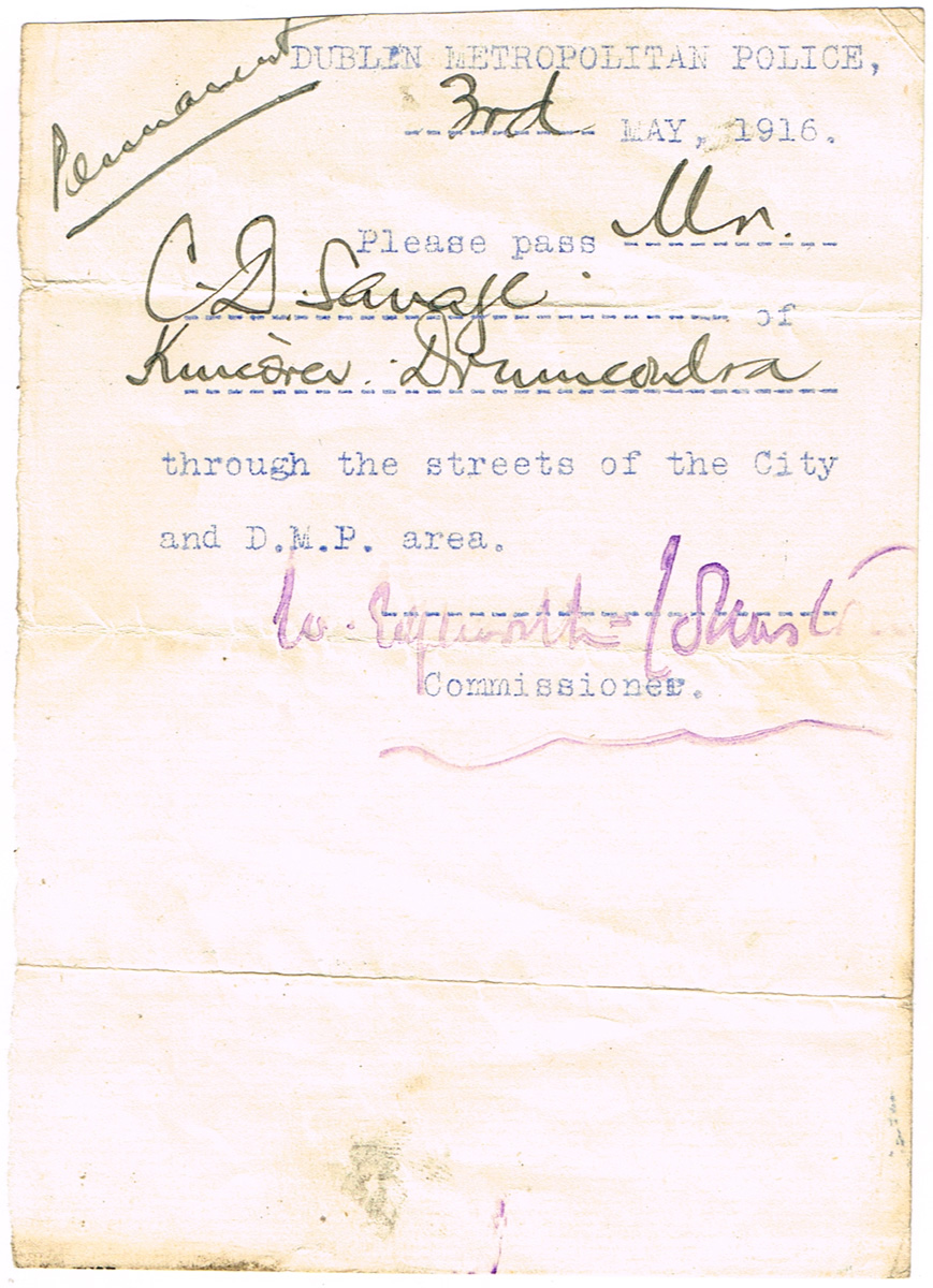1916 (3 May) Travel Pass issued by the Dublin Metropolitan Police. at Whyte's Auctions