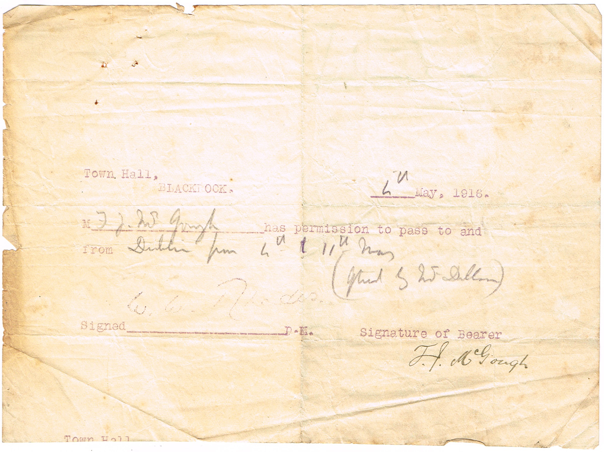 1916 (4 May) Travel Pass issued at the Town Hall, Blackrock. at Whyte's Auctions