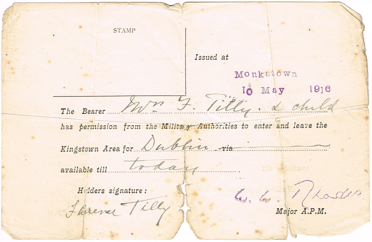 1916 (10 May) Travel Pass issued at Monkstown. at Whyte's Auctions