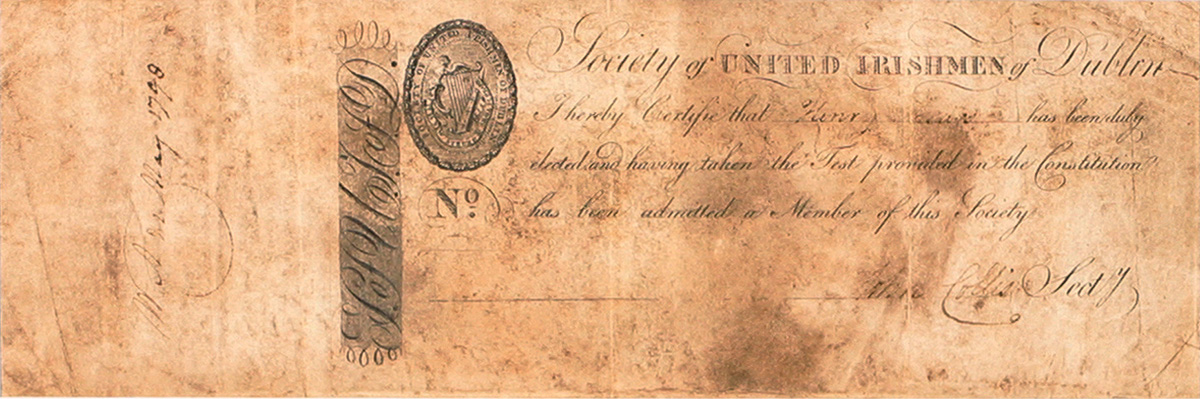 1798 Society of United Irishmen of Dublin, certificate of membership. at Whyte's Auctions