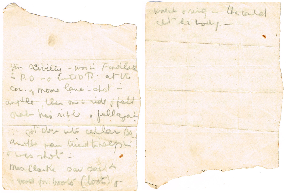 1916 Easter Rising, note in pencil recording the shooting of a Volunteer at the corner of Moore Lane. at Whyte's Auctions