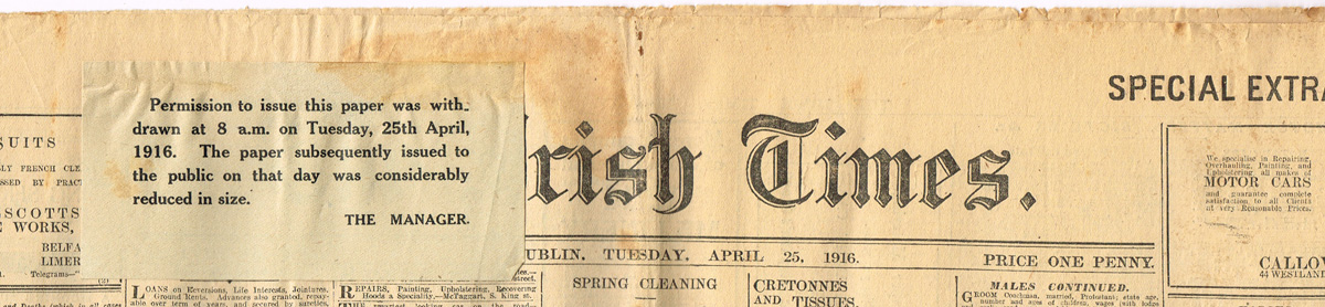 1916 (April 25) The Irish Times, with full page of reports on the Rising which began the previous day. at Whyte's Auctions
