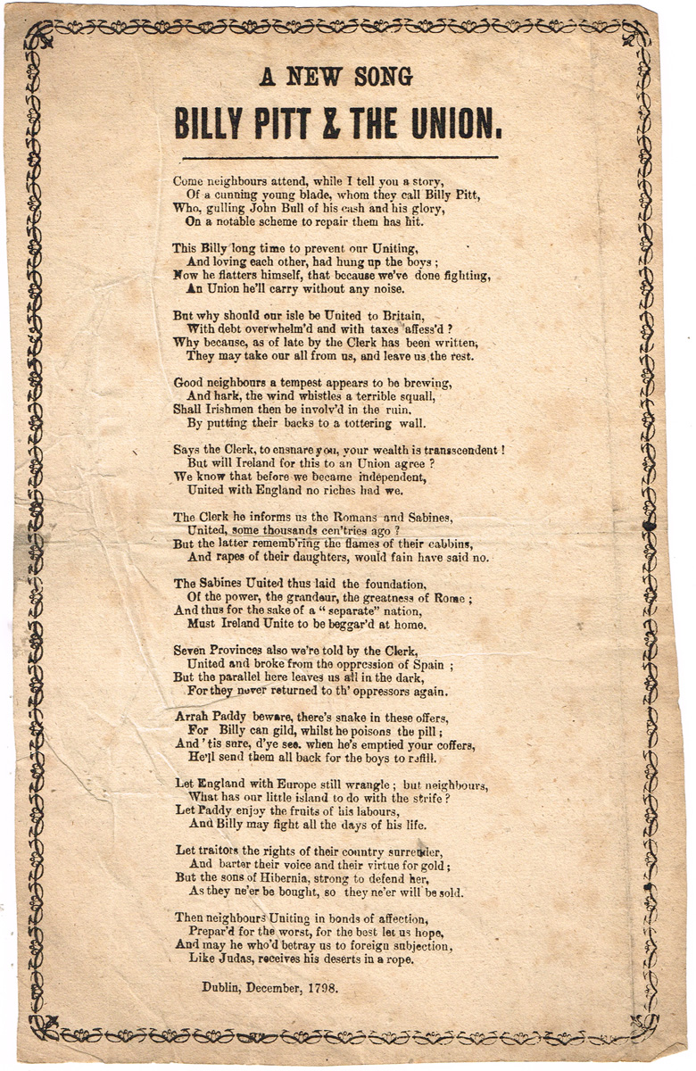1798 Anti-Union Broadside. A New Song Billy Pitt & the Union. at Whyte's Auctions