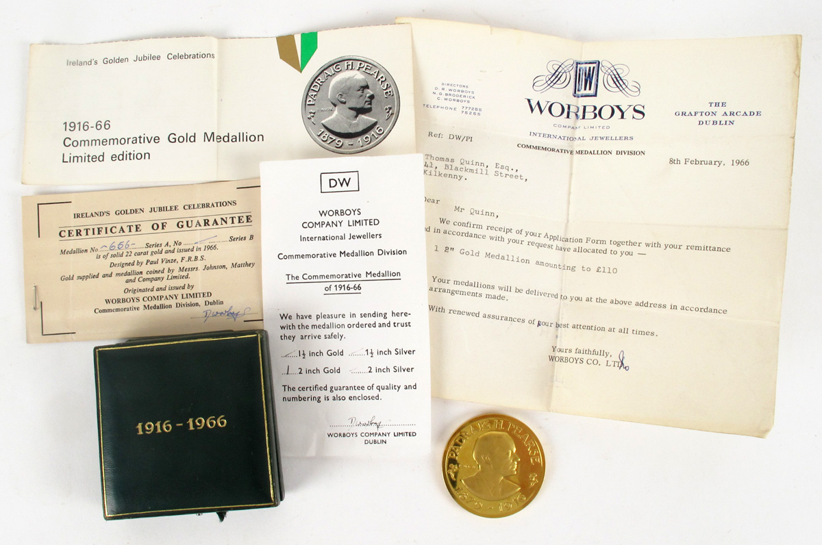 1966 Padraig Pearse Gold commemorative medallion by Vincze. at Whyte's Auctions