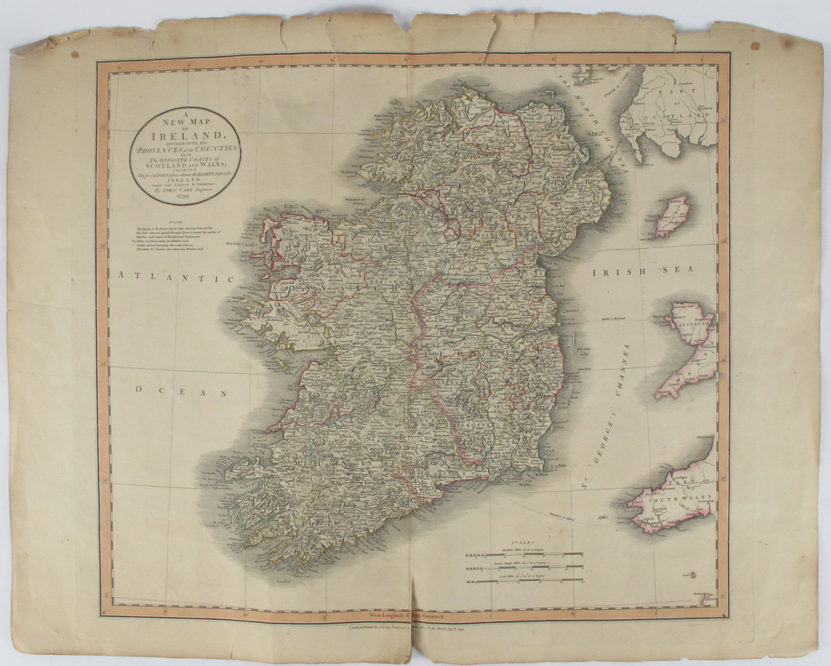 1799. A New Map of Ireland by John Cary. Published during the great Irish Rebellion. at Whyte's Auctions