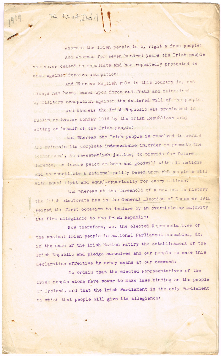 1919 Proclamation of Dail Eireann, rare mimeograph draft. at Whyte's Auctions