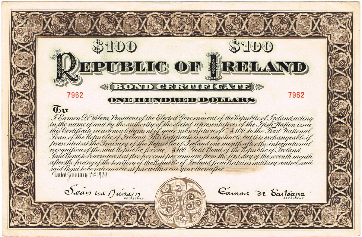 1920 Republic of Ireland bond certificates, Ten Dollars, Twenty Dollars, Fifty Dollars and One-Hundred-Dollars denominations. at Whyte's Auctions