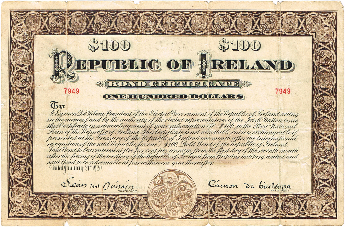 1920 Republic of Ireland One-Hundred Dollars Bond Certificate at Whyte's Auctions