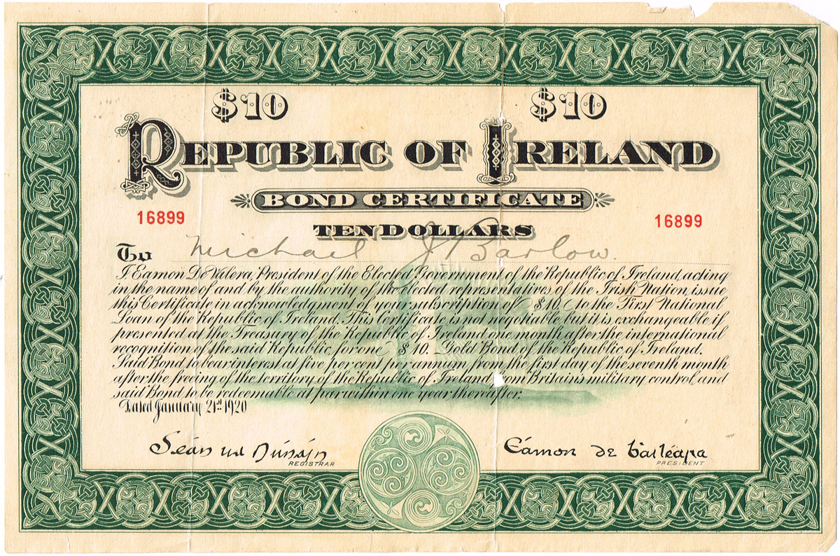 1920 Republic of Ireland Ten Dollars Bond Certificate at Whyte's Auctions