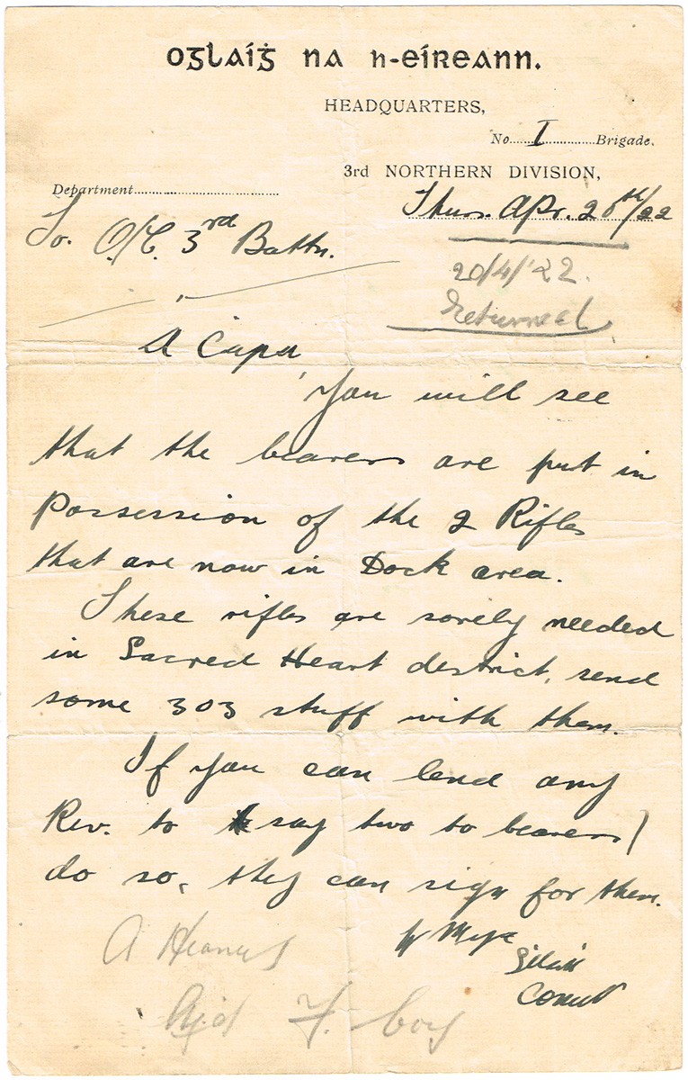 1918 - 1922 A family archive of War of Independence and Civil War Oglaigh na hEireann correspondence at Whyte's Auctions