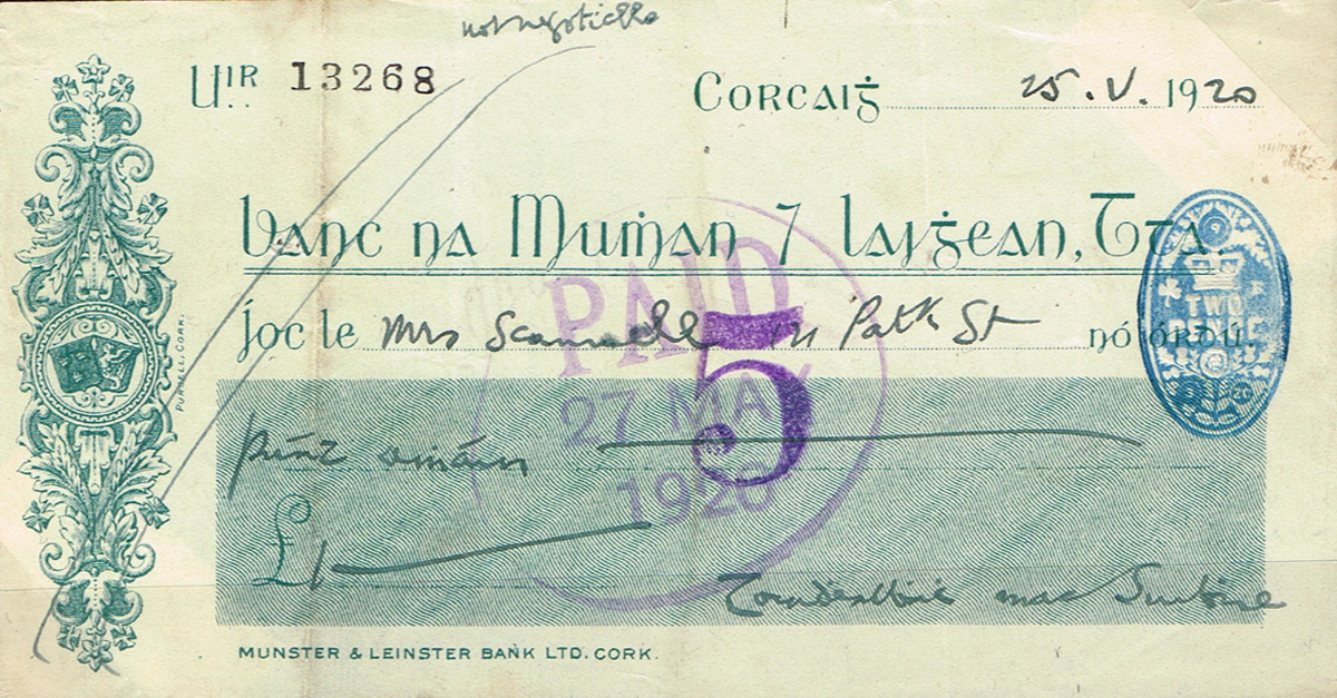 1920 (25 May). Terence MacSwiney signed cheque. at Whyte's Auctions