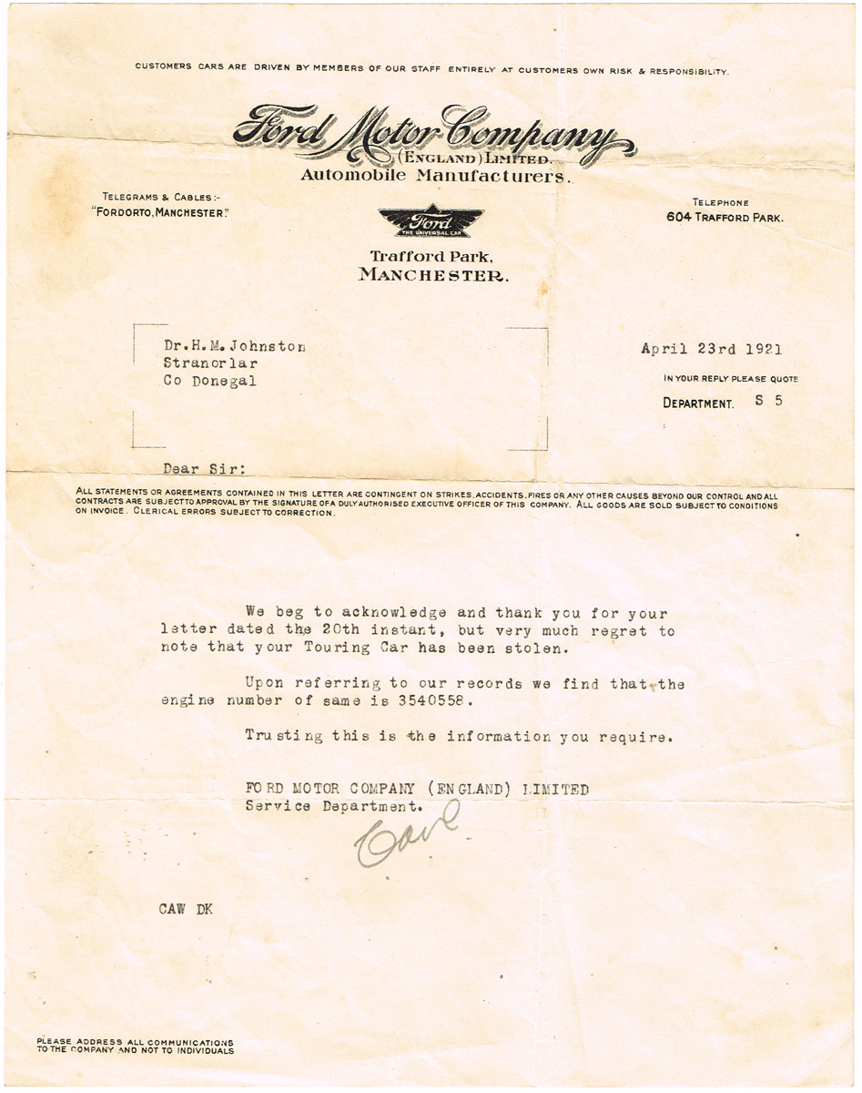 1921 (April 23), Johnson's Motor Car" correspondence from Ford Motor Company." at Whyte's Auctions