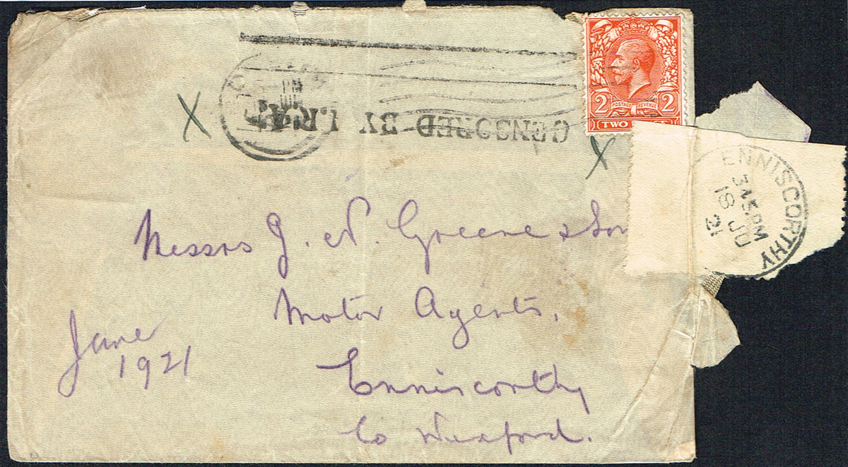 1921 (15 June) envelope Dublin to Enniscorthy with CENSORED BY I.R.A. handstamp. at Whyte's Auctions