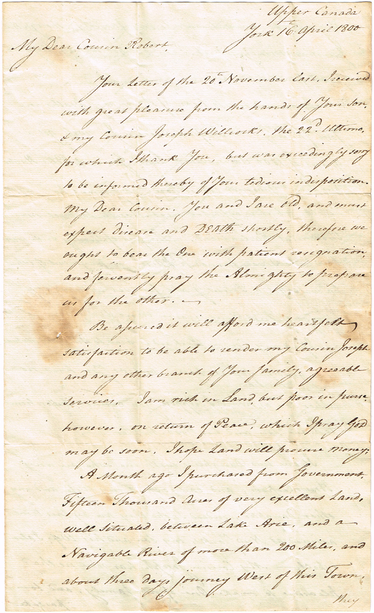 1800 (16 April) letter from William Wilcocks from Upper Canada to his cousin Robert in Dublin. at Whyte's Auctions