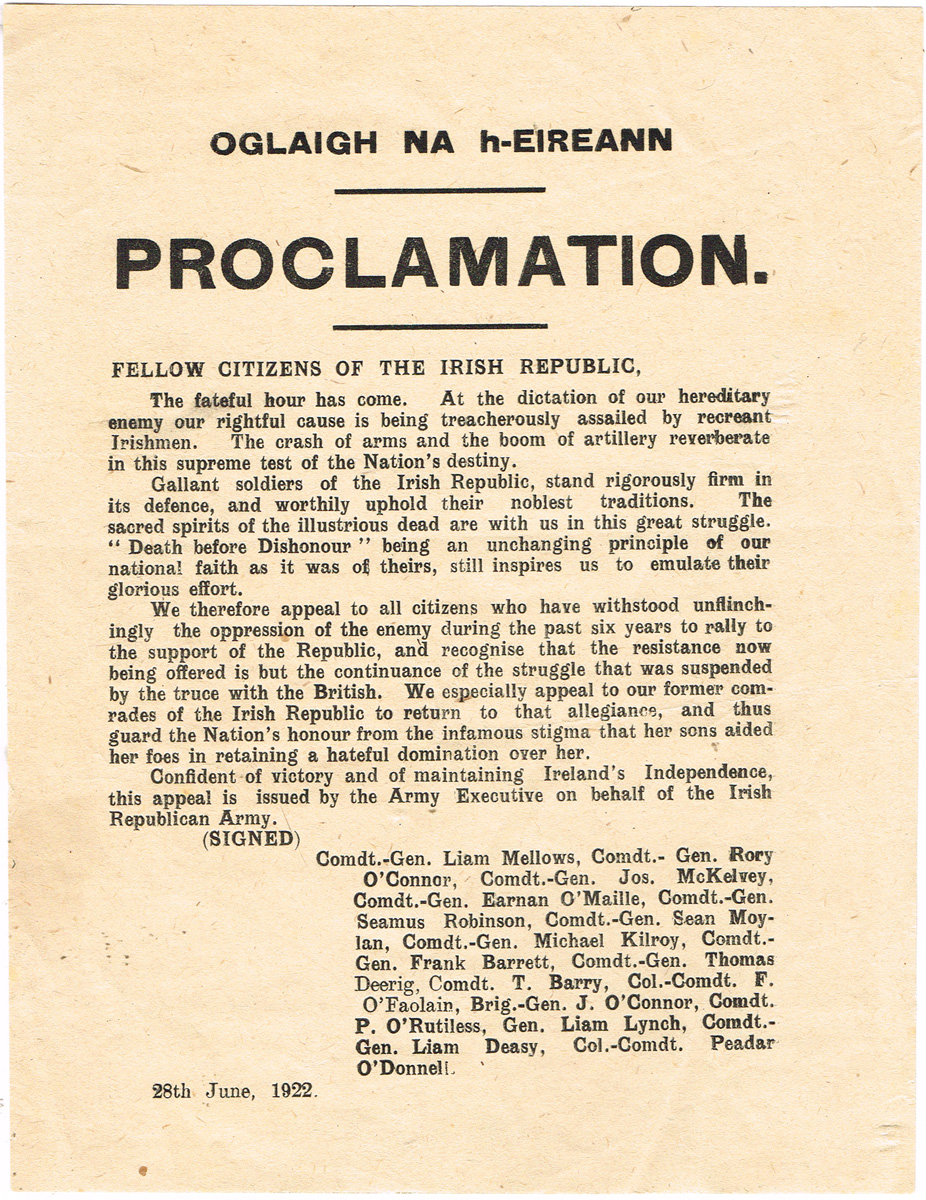 28 June 1922, Oglaigh na hEireann, Proclamation - the start of the Civil War. at Whyte's Auctions