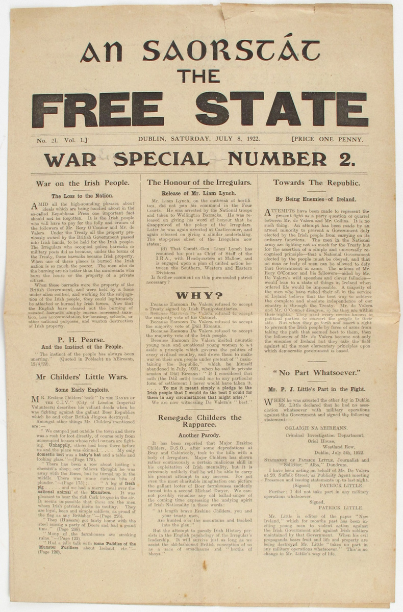1922 Civil War newspapers Poblacht na hEireann and An Saorstt: The Free State at Whyte's Auctions