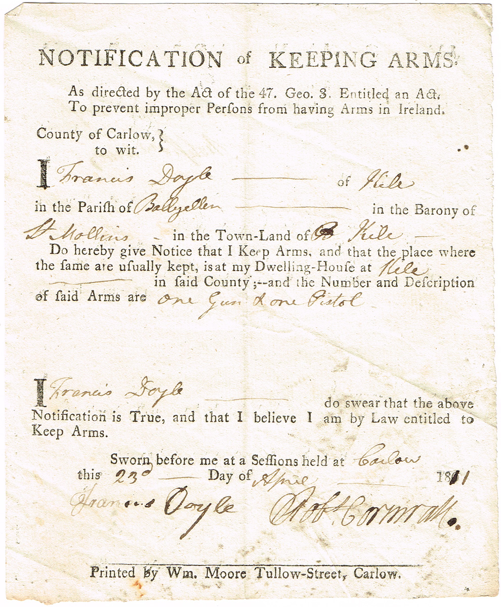 1801 - 1809 Notifications of Keeping Arms. at Whyte's Auctions