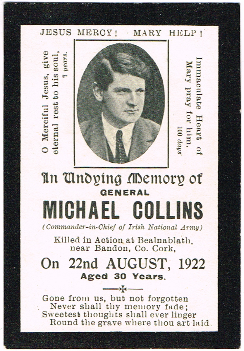 1921 - 1922 Michael Collins, postcard and memorial card at Whyte's Auctions