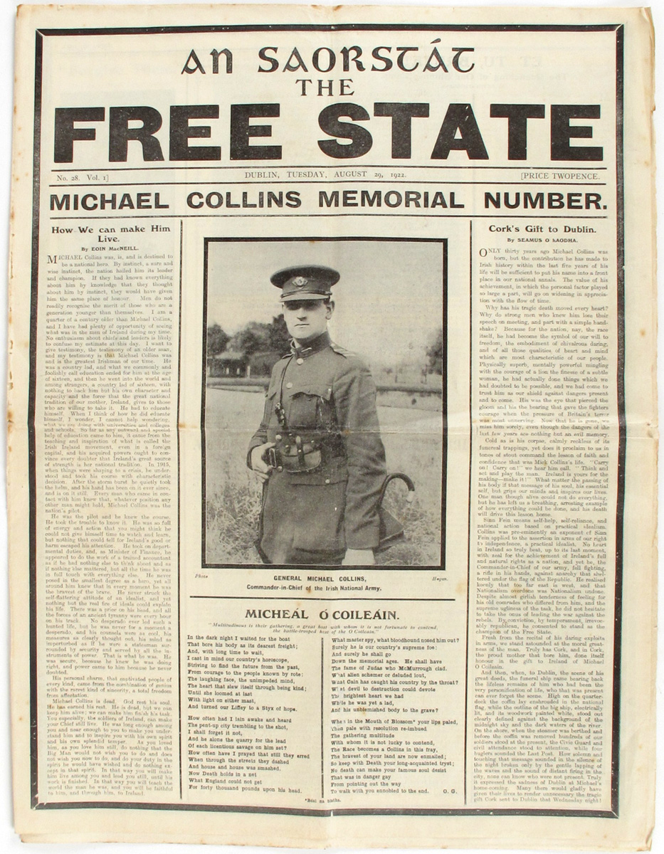 1922 (August 29) An Saorstt, The Free State. Michael Collins memorial issue. at Whyte's Auctions