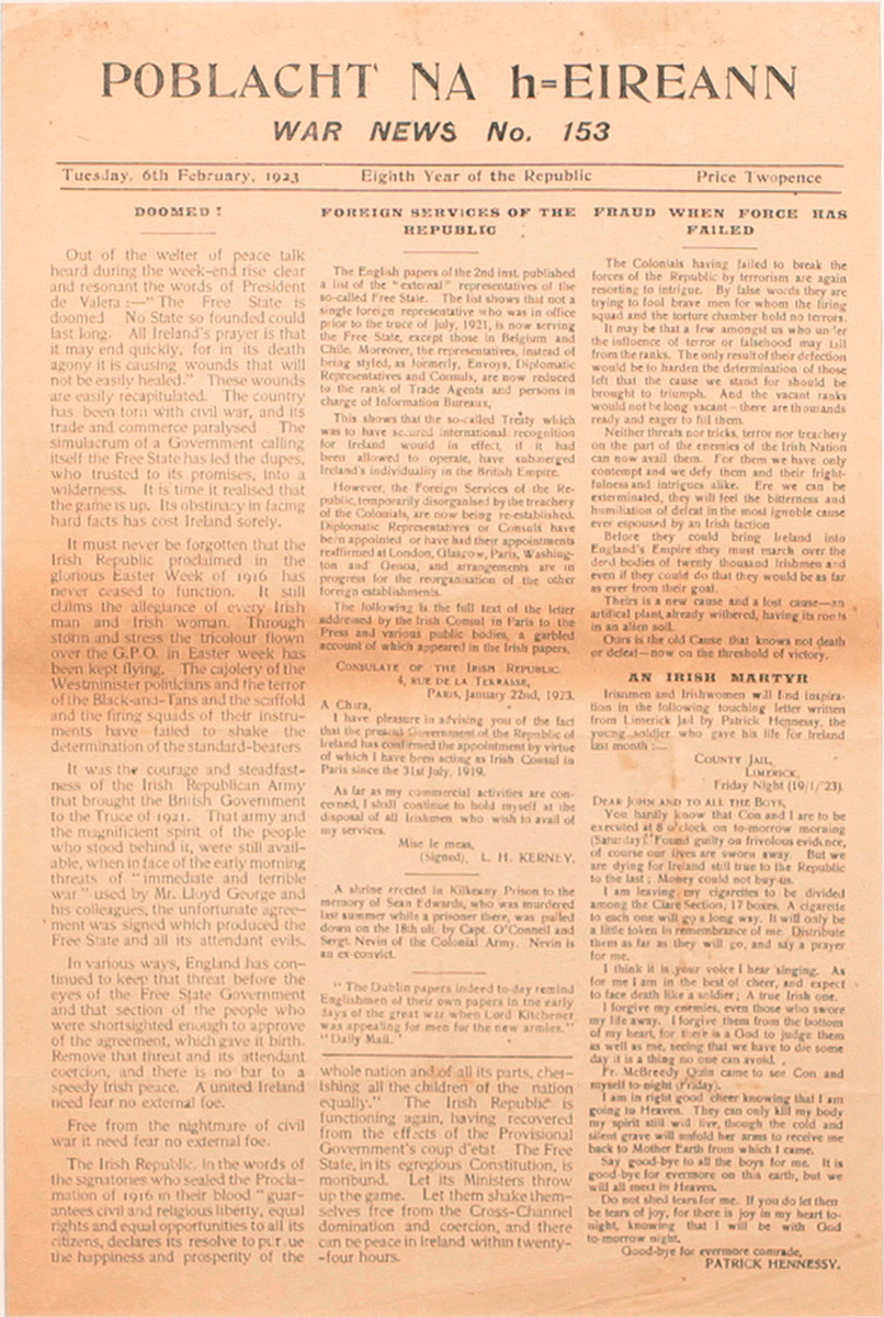 1923 (February 6) Poblacht na hEireann, War News. at Whyte's Auctions