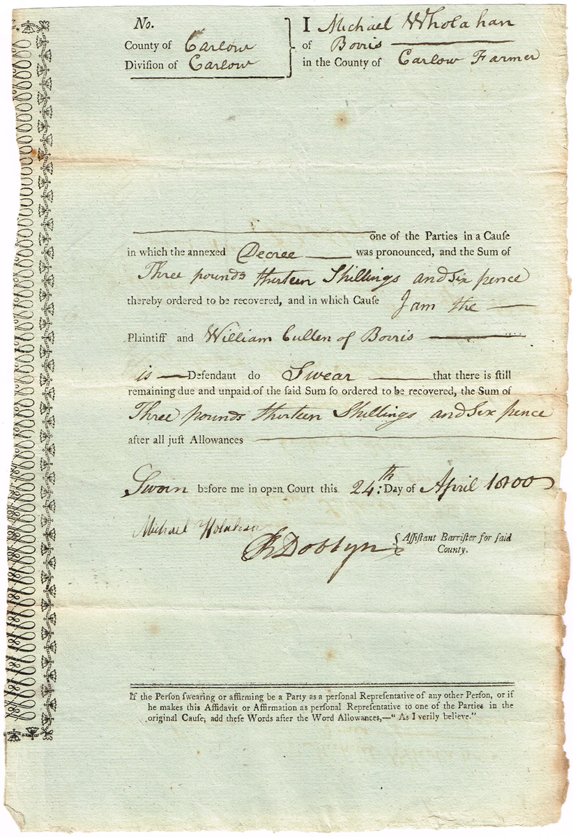 1800 - 1809 Carlow / Kilkenny, 120 Affidavits naming Plaintiff and Defendant at Whyte's Auctions