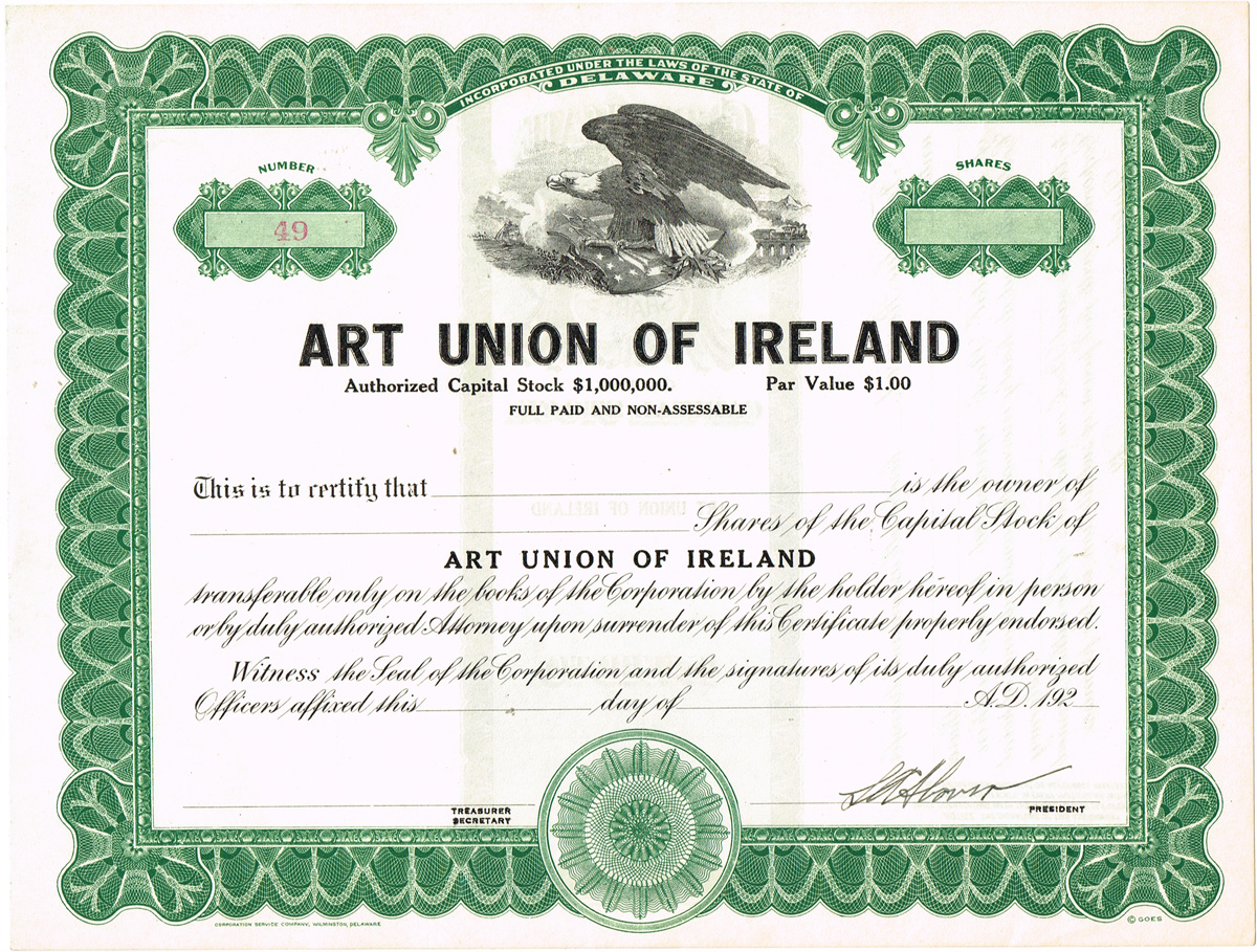 1920s Art Union of Ireland share certificate. at Whyte's Auctions