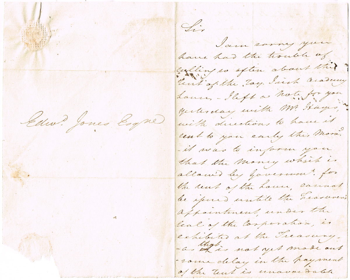 1803 (May 11) Letter from Bernard Shaw, Deputy Treasurer of The Irish Academy to Edward Jones Esq. at Whyte's Auctions