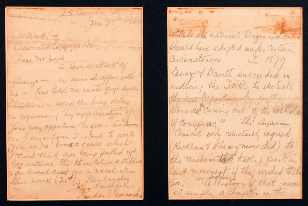 1936 (January 25) Letter from Peadar Kearney to his Copyright Agent. at Whyte's Auctions